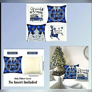 Christmas Set Of 4 Blue Farmhouse Buffalo Plaid Holiday Toss Pillow Covers